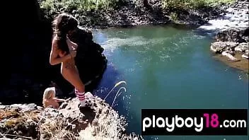 play Badass babe ami emerson and her busty gfs jumping into a lake