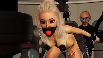 Afspelen Bdsm-club. hete sexy bal de mond gesnoerd blondje in de boeien wordt hard geneukt door gekke dwerg in het lab